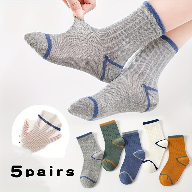5 Pairs Boys Striped Crew Socks Breathable Comfy Sports Socks for Kids