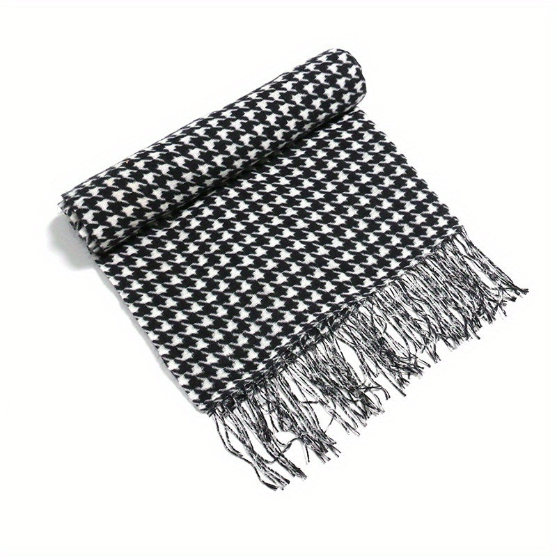 Houndstooth Fringe Trim Scarf Faux Cashmere Shawl Wrap