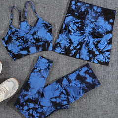 3pcs Tie Dye Cami Sports Bra & High Waist Shorts And Leggings Set