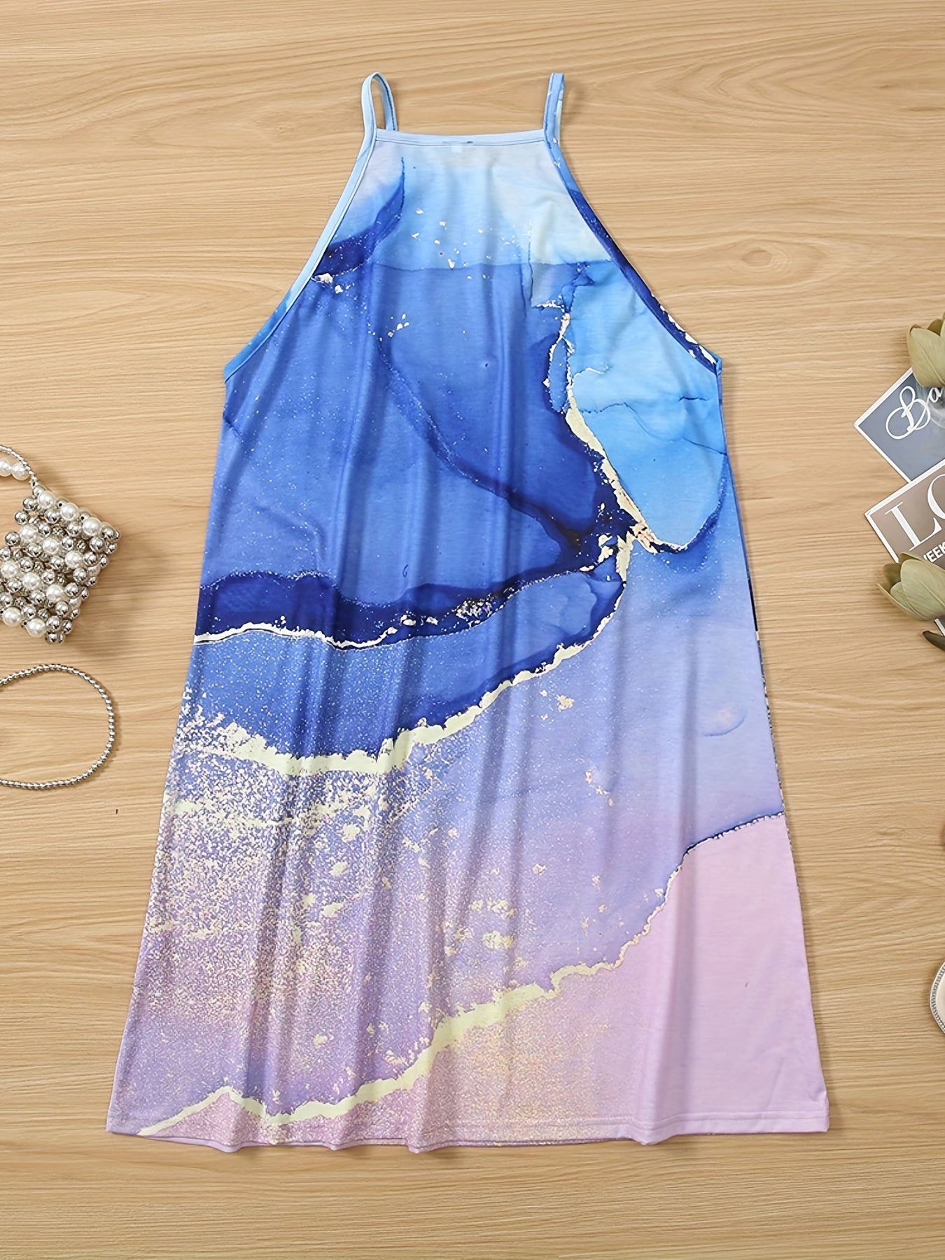 Marble Print Gradient Spaghetti Dress Summer Mini Dress