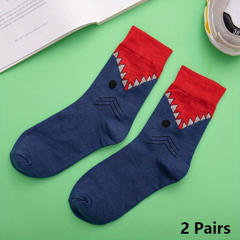 2 Pairs Shark & Crocodile Print Crew Socks Funny Cartoon Women's Stockings