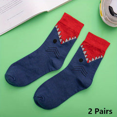 2 Pairs Shark & Crocodile Print Crew Socks Funny Cartoon Women's Stockings