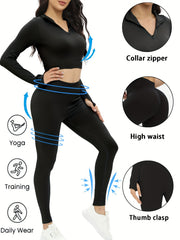 Yoga Set: Zipper Long Sleeve Top & High Stretch Leggings