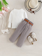 Girl's 2pcs Plaid Print Top & Belted Pants Set