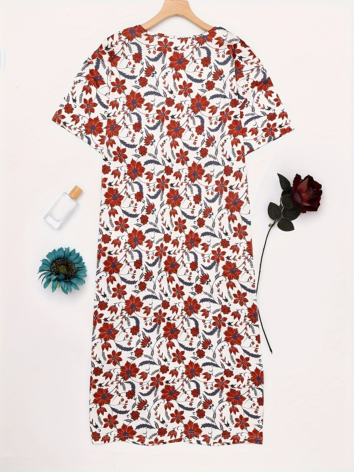 Boho Lounge Dress Floral Print Short Sleeve Round Neck High Stretch
