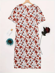 Boho Lounge Dress Floral Print Short Sleeve Round Neck High Stretch