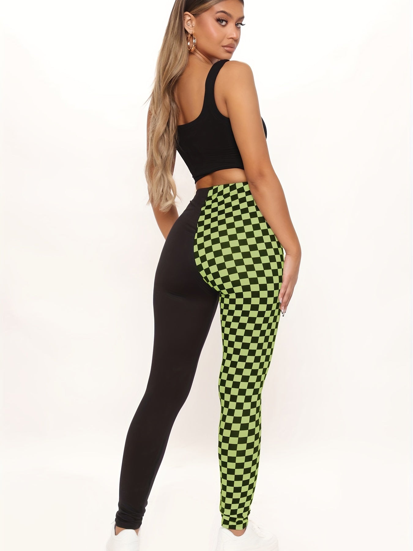 Plaid Print Colorblock Skinny Leggings Casual Every Stretchy Leggings