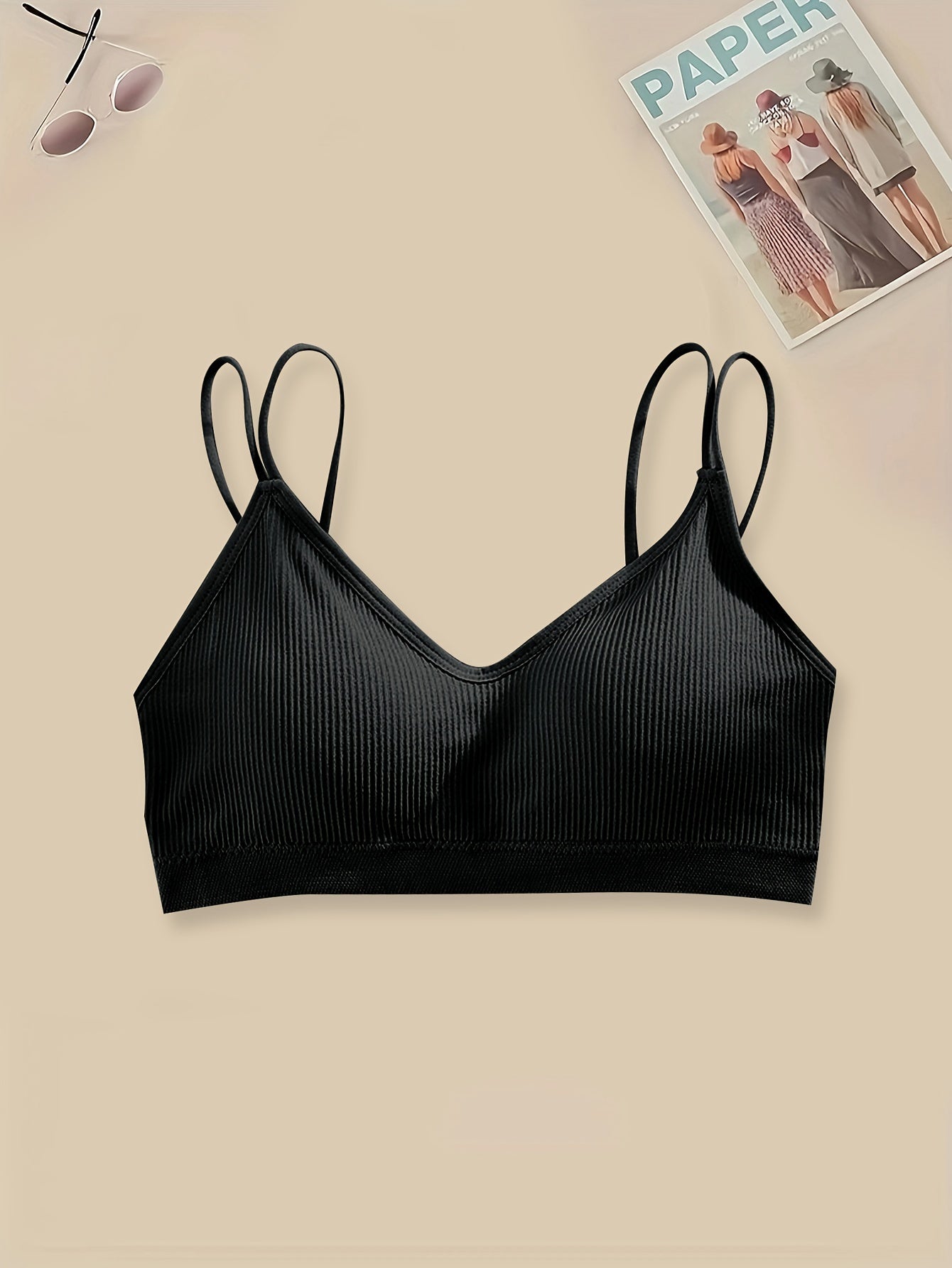 4pcs Solid Ribbed Wireless Bras Double Straps Women's Lingerie