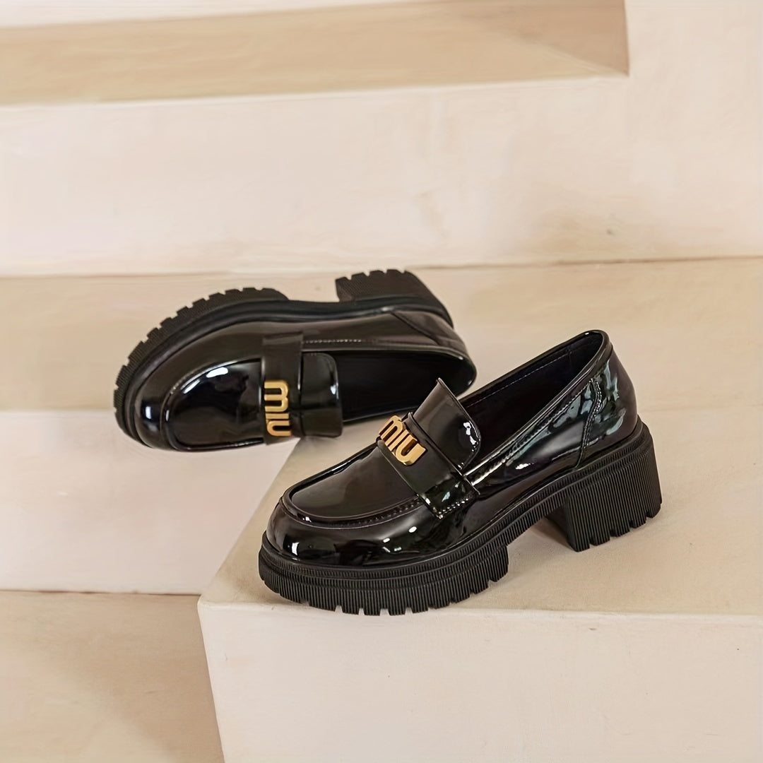 Women's Letter Decor Chunky Heel Loafers Slip On Shoes