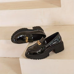 Women's Letter Decor Chunky Heel Loafers Slip On Shoes