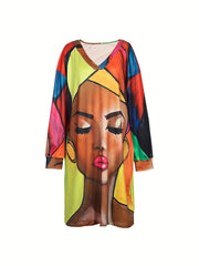 Colorblock Figure Print V Neck Dress