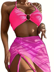 Textured Bikini Set & Lace Up Mini Skirt Swimsuit
