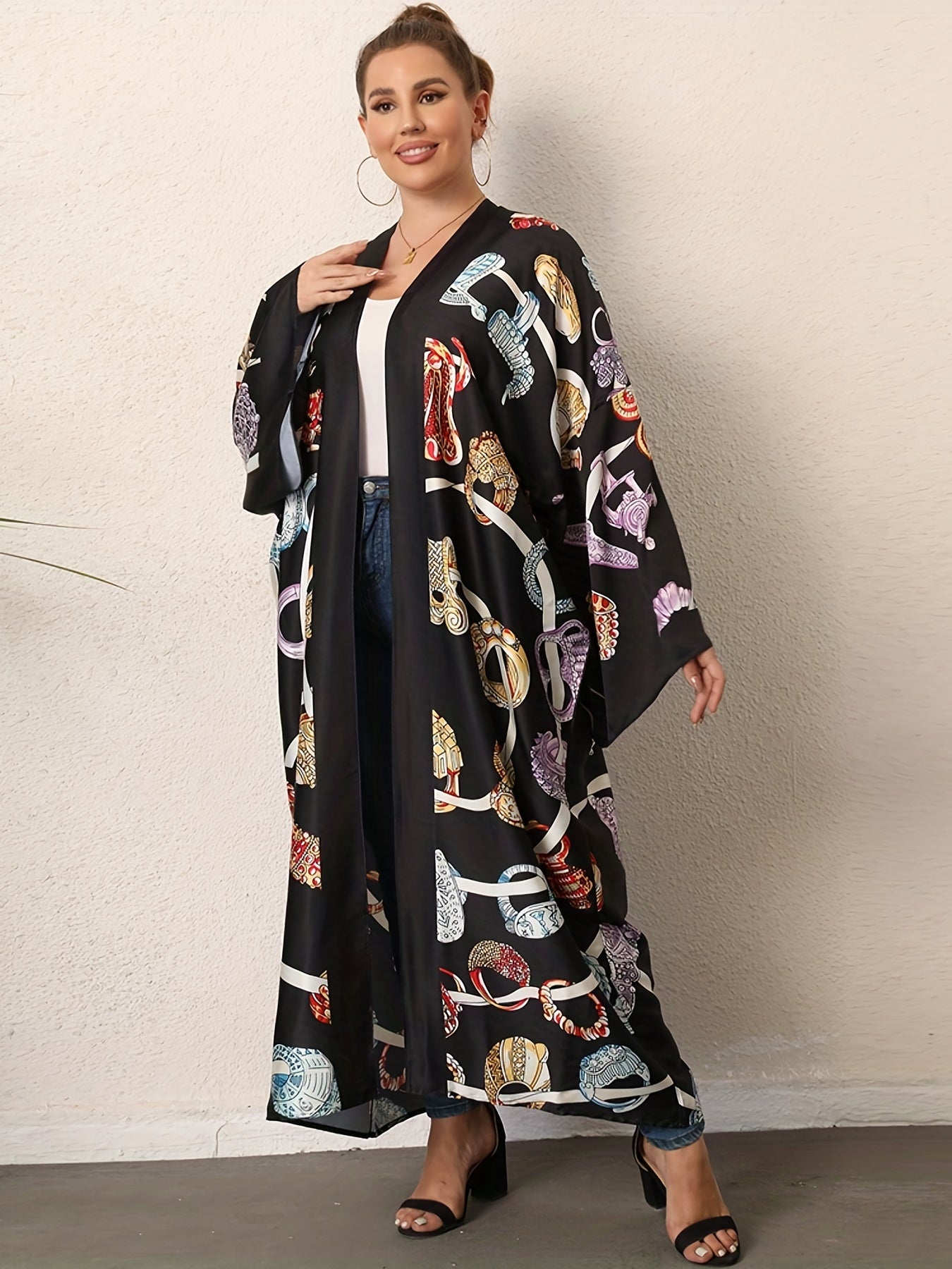 Chain Print Kimono Long Sleeve Beach Cover-Up