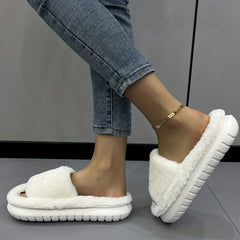 Women's Fuzzy Plush Platform Slippers Comfy Open Toe Non slip Bedroom Shoes