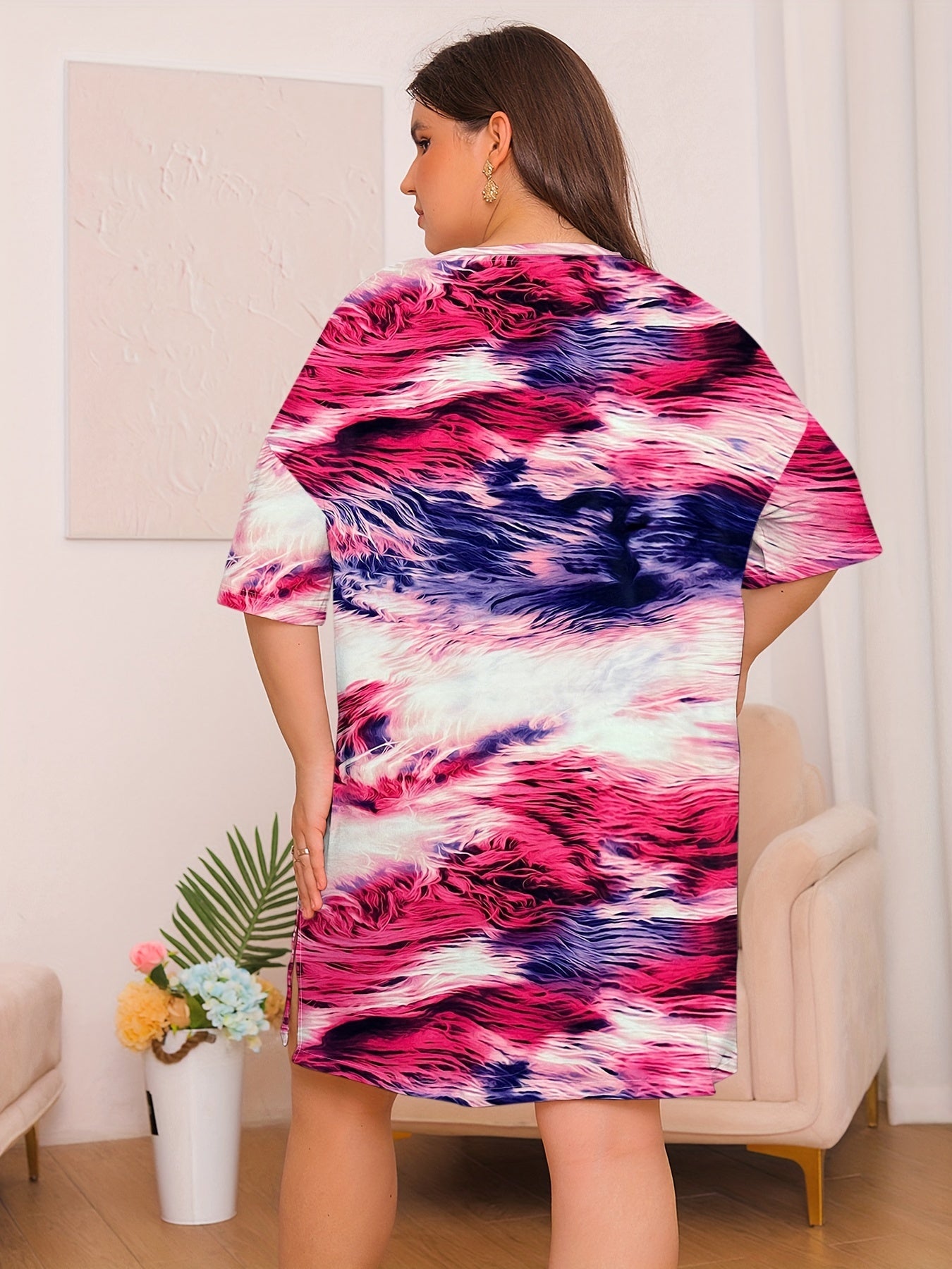Tie Dye Short Sleeve Round Neck Sleep Dress