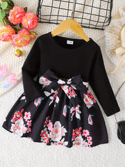 BABY Girls Long Sleeves Dress Flowers Splicing Belted