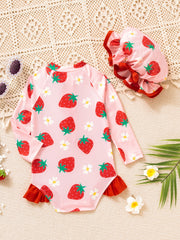 Girls Strawberry Print Swimsuit & Hat 2pcs Set