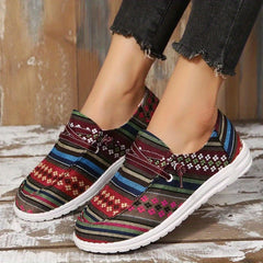 Floral & Stripe Graphic Boat Shoes Lace Up Flat Shoes Ethnic Style