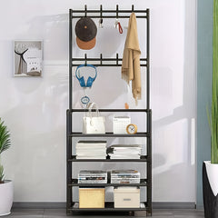 Metal Entrance Coat Rack Shoe Rack w/ 4 Storage Shelves & 8 Double Hooks