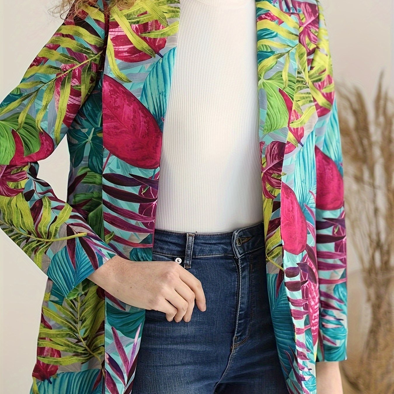 Boho Blazer Women's Plus Tropical Print Lapel Collar Open Front Blazer
