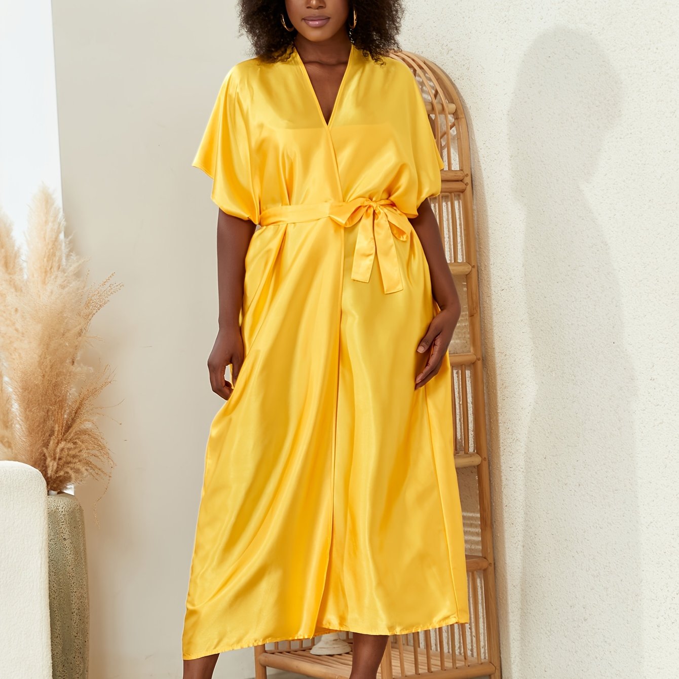 Women's Plus Satin Short Sleeve Belted Kimono Cover Up