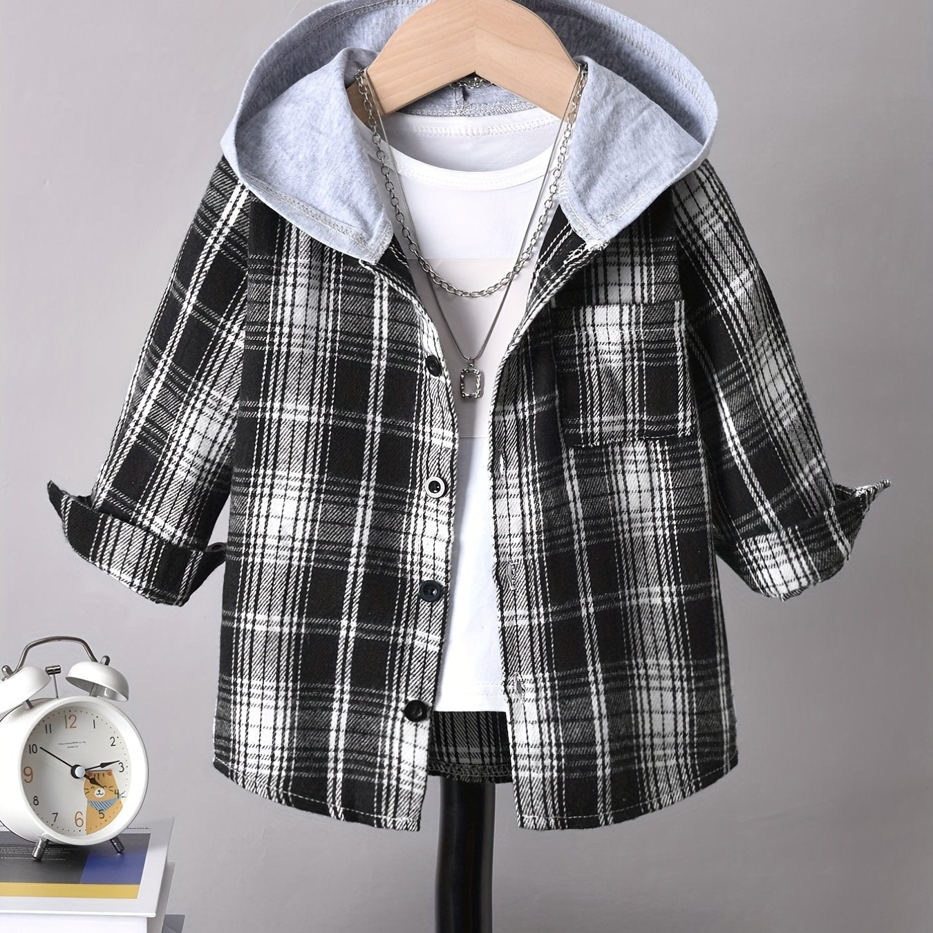 Boys Hooded Checked Shirt Kids Clothes