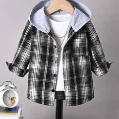 Boys Hooded Checked Shirt Kids Clothes