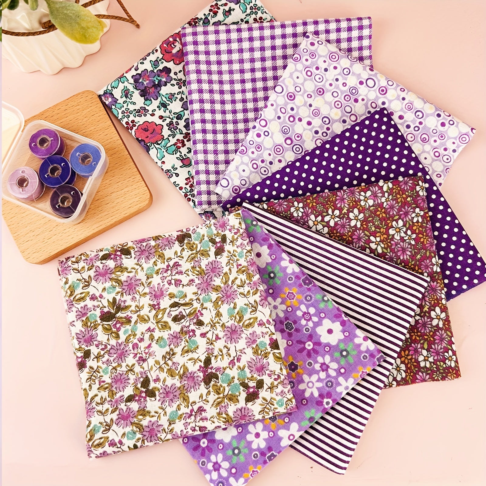 8pcs Floral Cotton Fabric Precut Bundles With Threads for DIY Sewing