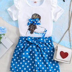 Baby Girls Figure Print Tee and Polka Dots Shorts Set