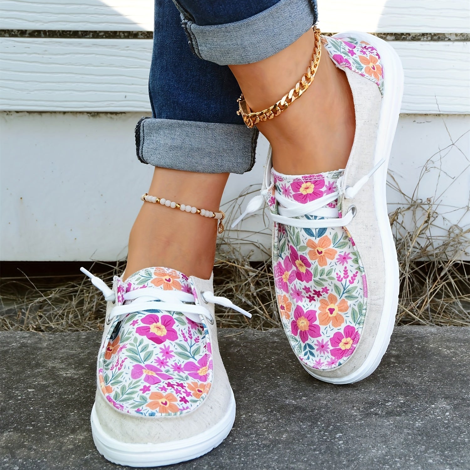 Women's Flower Patchwork Boat Shoes Lace Up Casual Canvas Shoes
