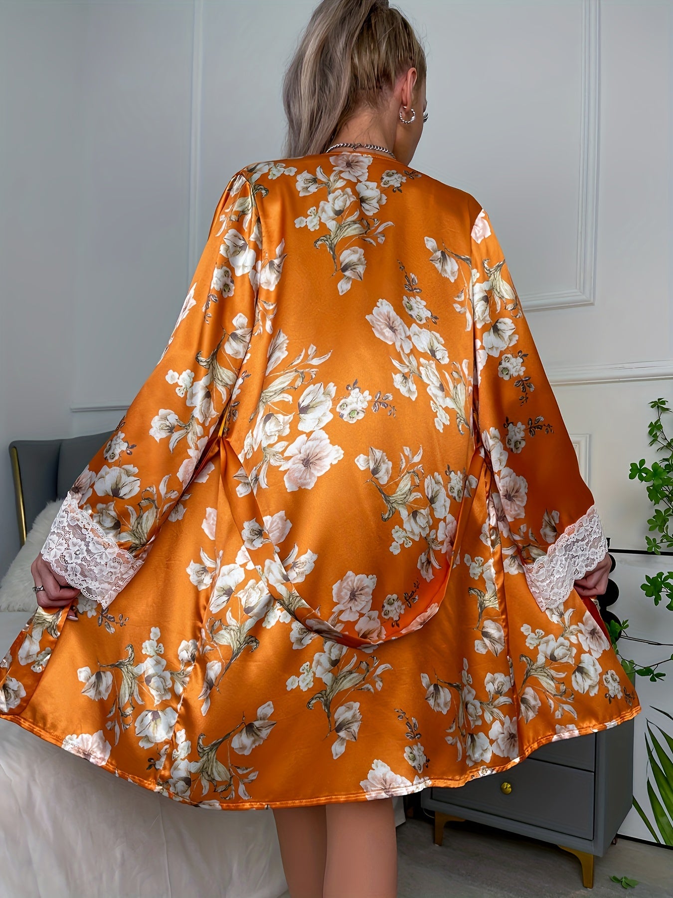 Floral Print Pajama Set Long Sleeve Robe & Lace Cami Top