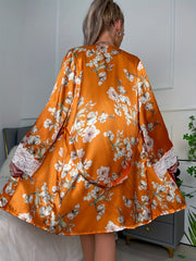 Floral Print Pajama Set Long Sleeve Robe & Lace Cami Top