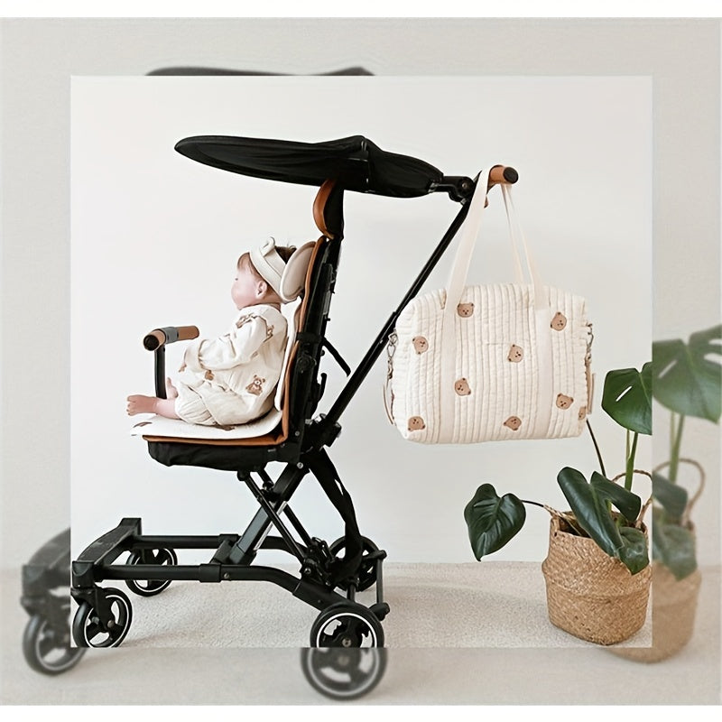 Bear Baby Stroller Bag Beige Cotton Zipper Diaper Handbag