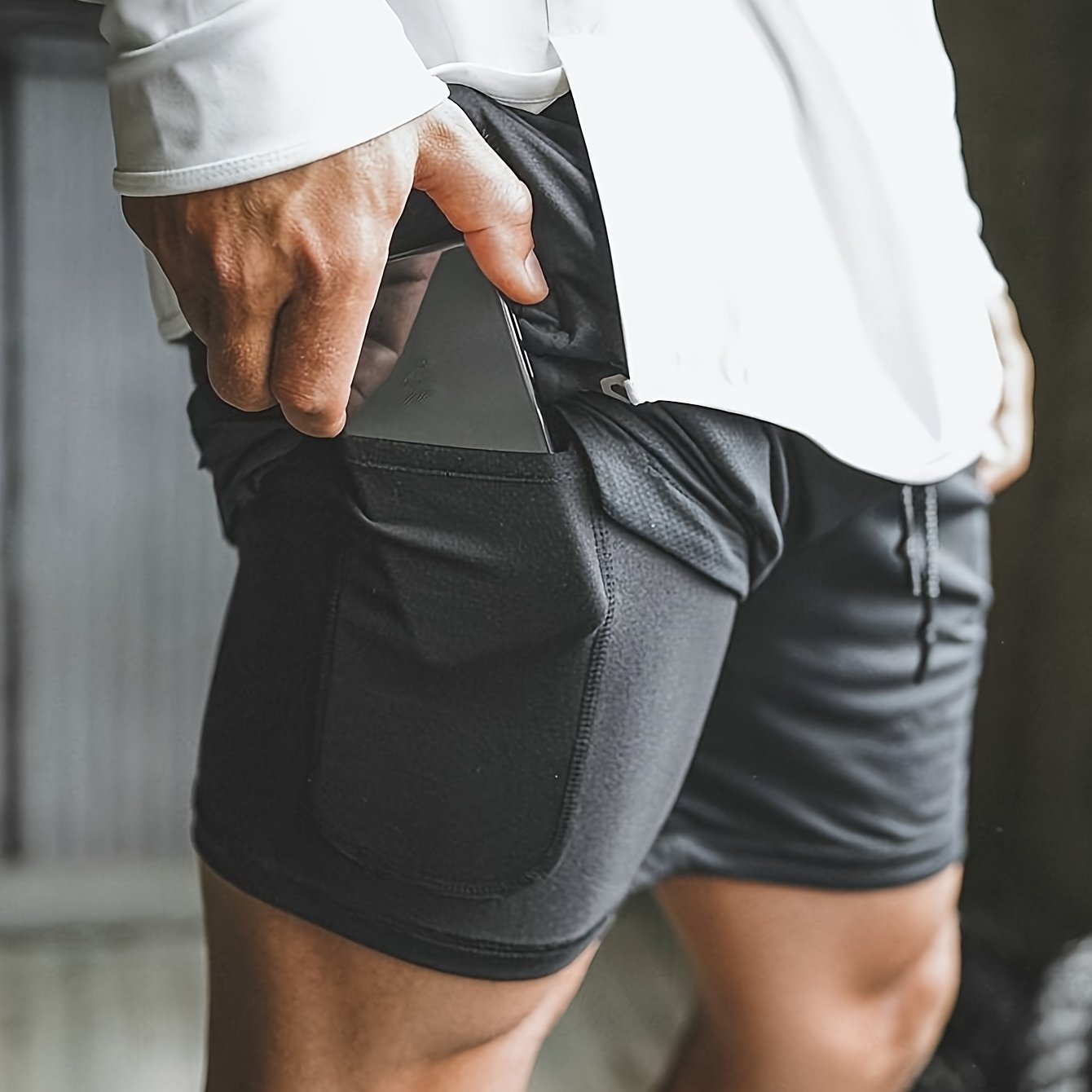 Men's Double Layer Shorts Inner Pocket Stretch Sports Gym Workout Training