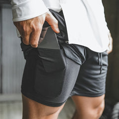 Men's Double Layer Shorts Inner Pocket Stretch Sports Gym Workout Training