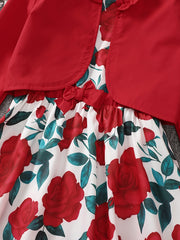 Girls Long Sleeve Top And Matching Rose Print Dress