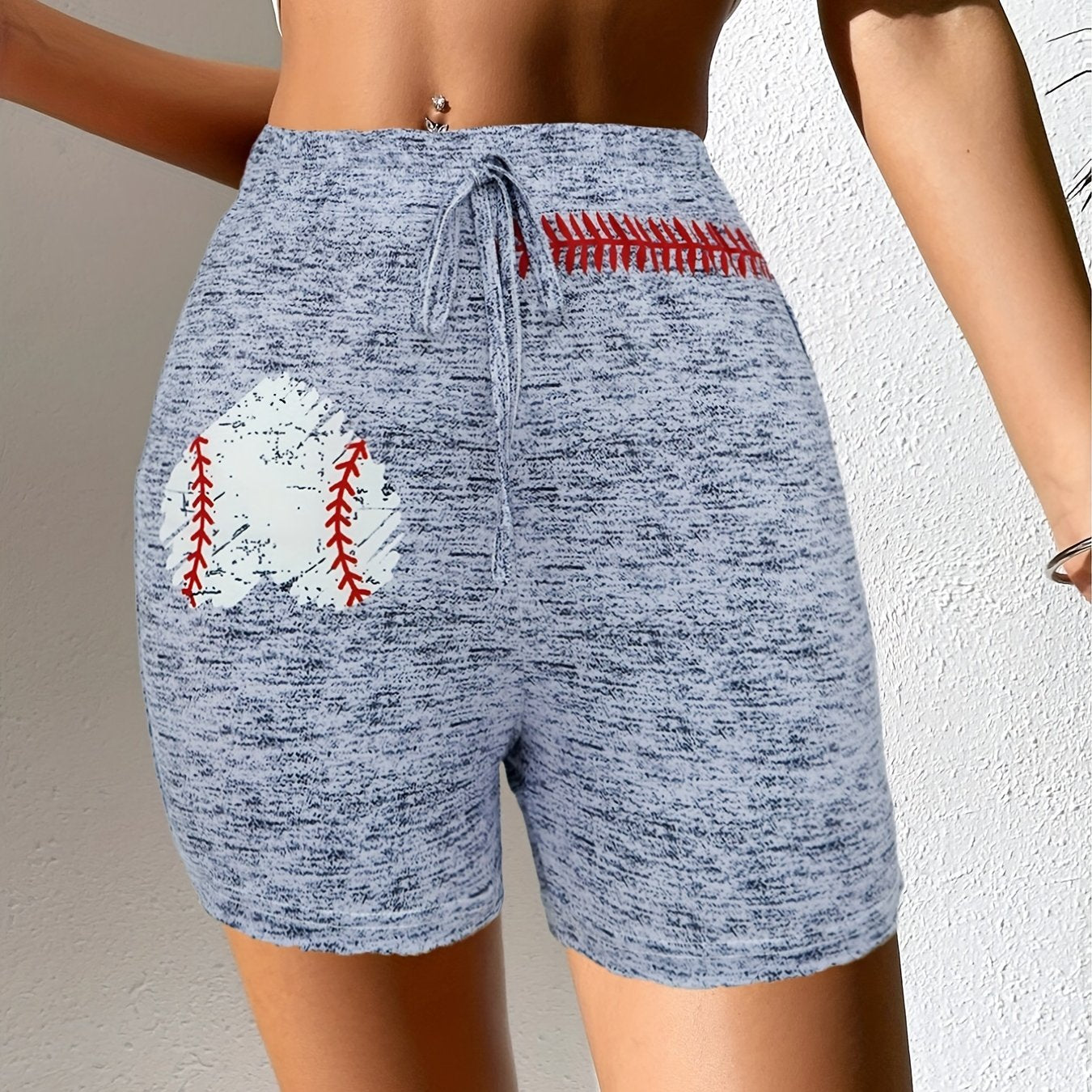 Baseball Heart Print Drawstring Shorts Casual Women's Clothing
