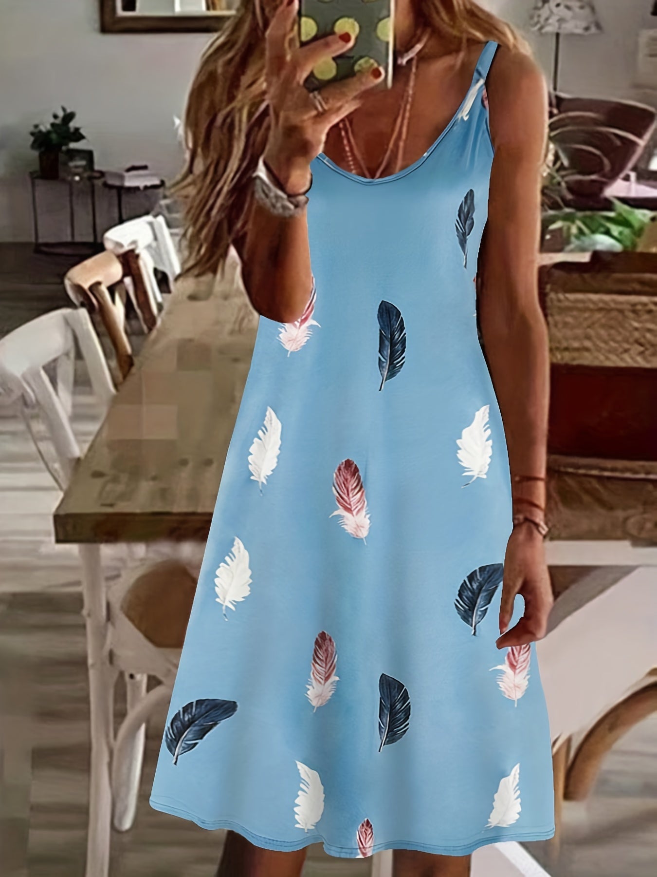 Feather Print Cami Dress Sexy Sleeveless Summer Midi Dress Women's Clothing