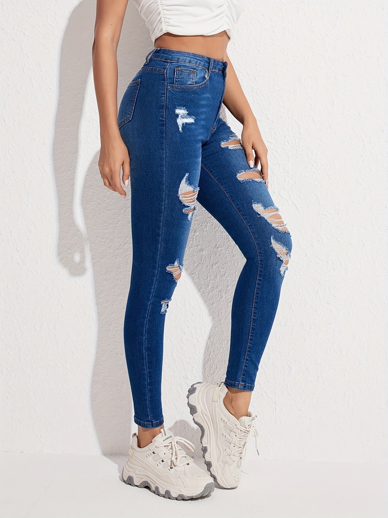 Ripped Holes Skinny Jeans Slim Fit Slash Pockets Slight Stretch