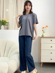 Plaid Pajama Set Crew Neck Short Sleeve Top & Elastic Waistband Pants