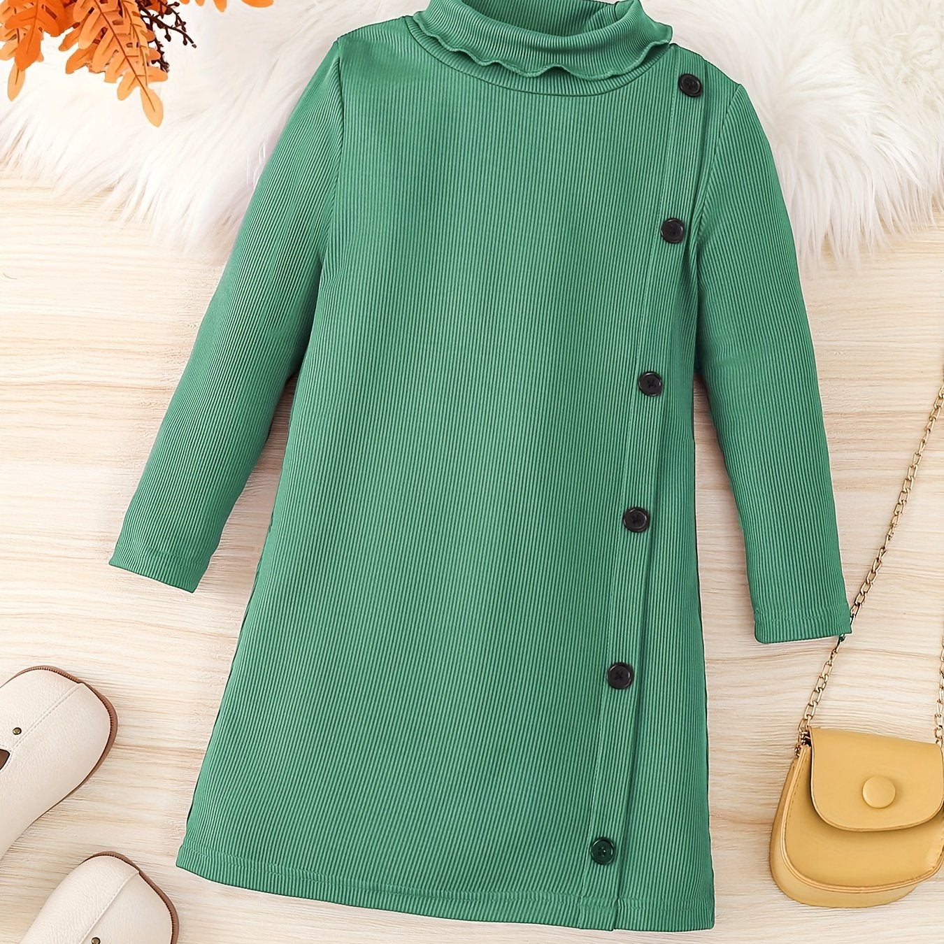 Girls' Turtleneck Side Button Decor Long Sleeve Sweater Dress