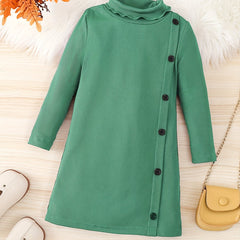 Girls' Turtleneck Side Button Decor Long Sleeve Sweater Dress
