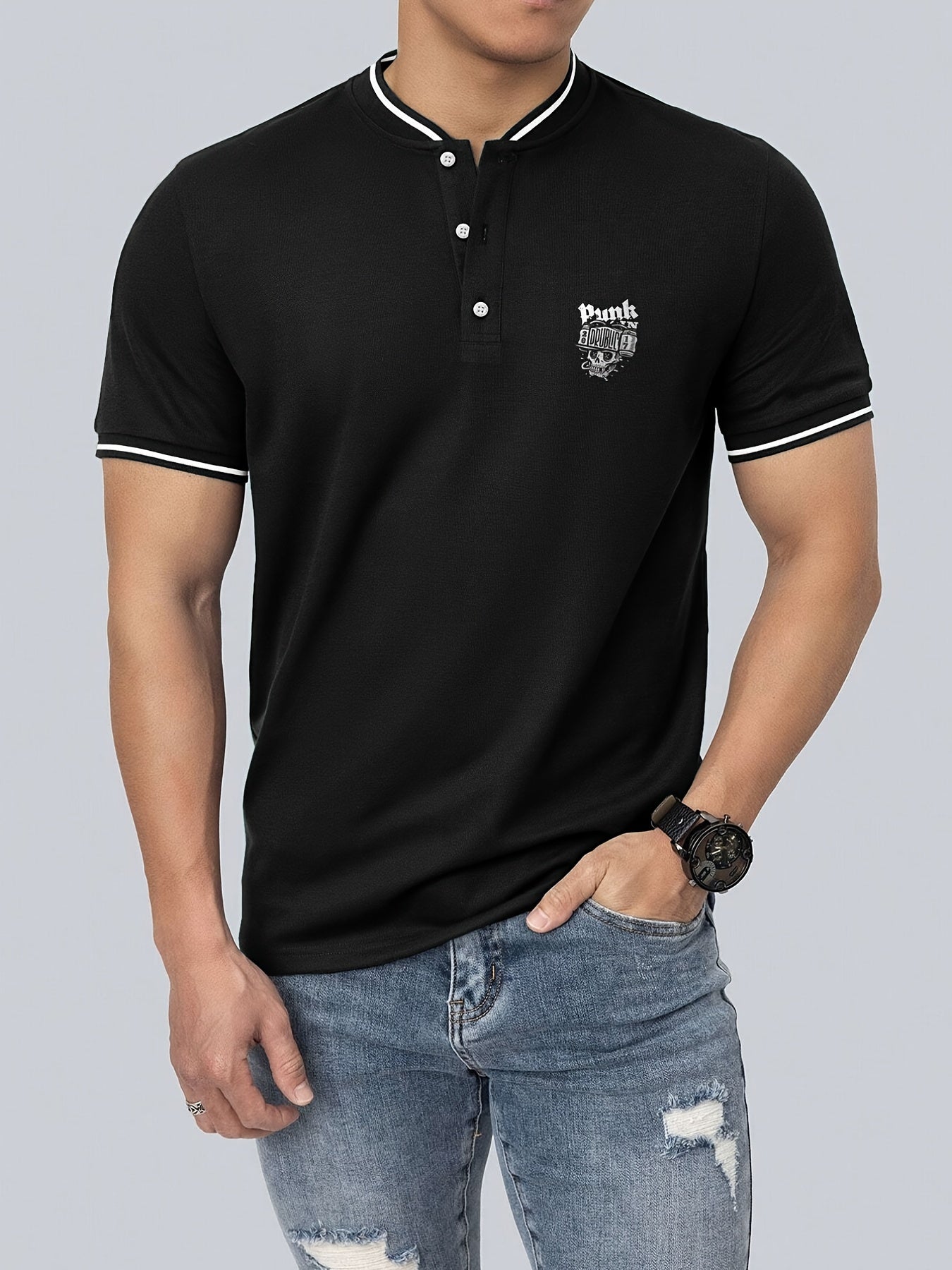 Men's Punk Skull Graphic Shirt Casual Button Up Polo Shirt for Summer