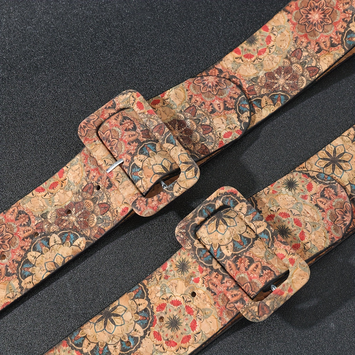 Flower Pattern Faux Leather Belt Boho Rectangular Buckle