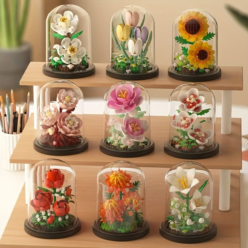 DIY Building Blocks Lily Sunflower Rose Bouquet Potted Plant Model