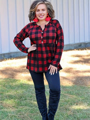 Plaid Print Long Sleeve Ruffle Peplum Shirt