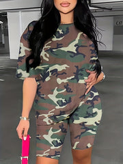 Camouflage Print Two Piece Set Casual T-shirt & Skinny Shorts