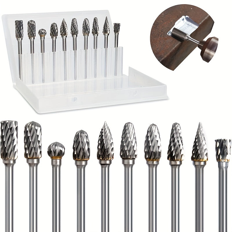 10pcs Carbide Burr Set for Rotary Tool 1/8 Shank 1/4 Grinding Head
