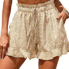 Boho Floral Ruffle Trim Shorts Elastic Waist Drawstring Summer Shorts