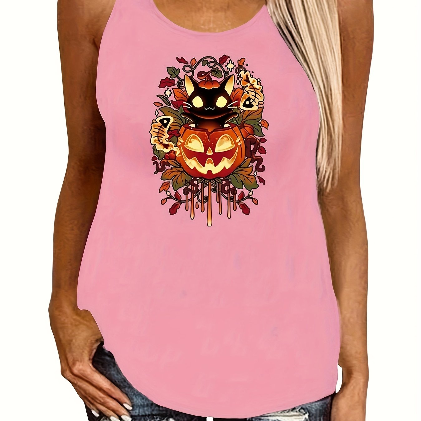 Halloween Jack O' Lantern Tank Top Sleeveless Crew Neck Women's Clothing